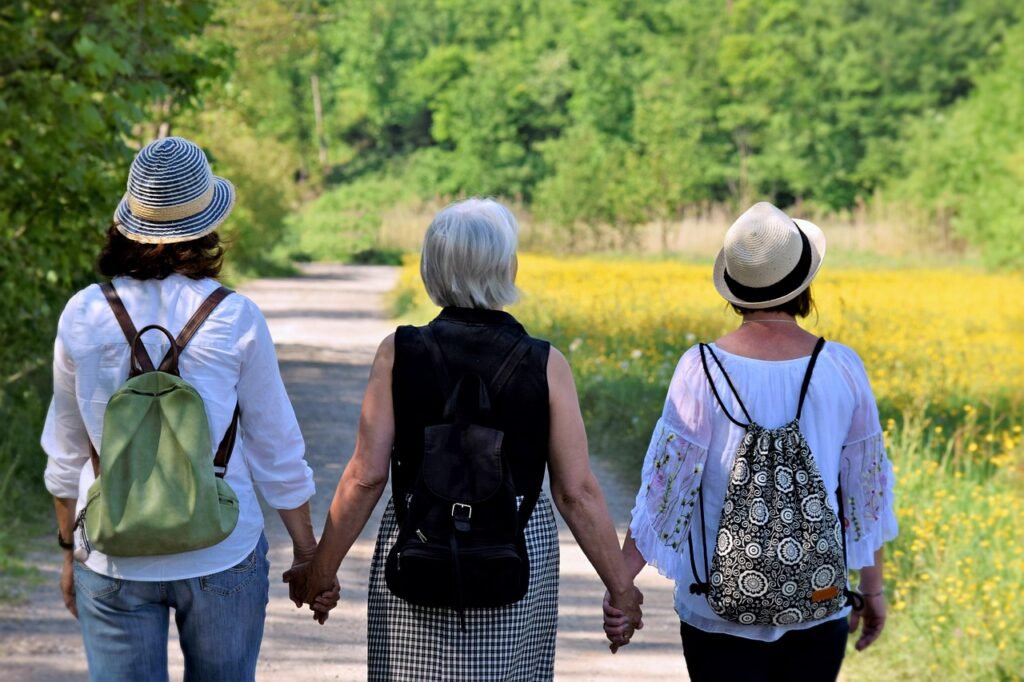women, girlfriends, nature, walk, friendship, together, hike, cohesion, help, affection, generations, mother, pleasure, trust, path, future, old, menopause, happy mothers day, connectedness, life, excursion, recreation, time out